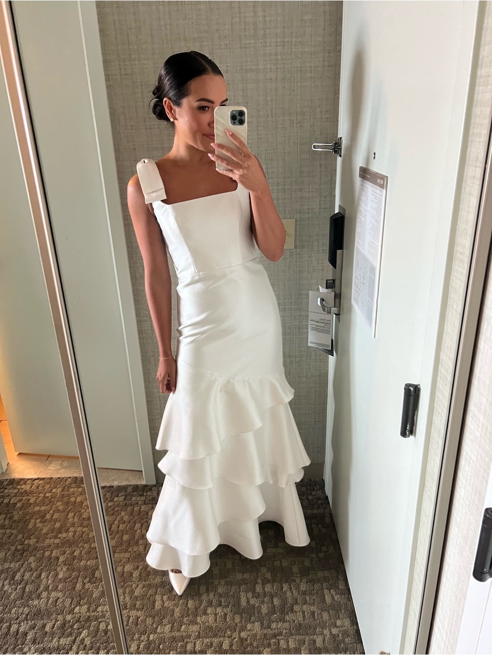 ALFRED SUNG Ivory Asymmetric-Strap Ruffled Tier Gown